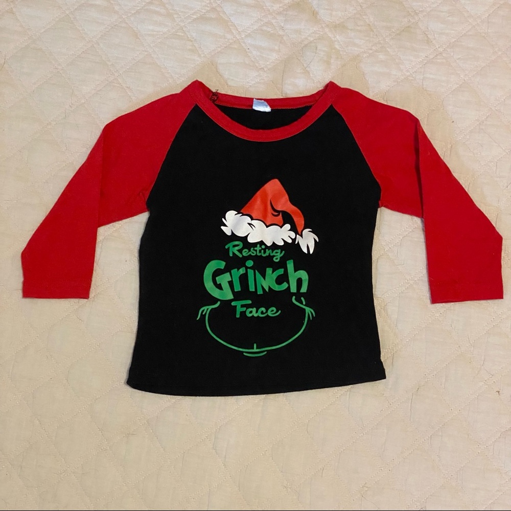 “Resting Grinch face” baby baseball style tee. Cute for Christmas - Picture 1 of 5